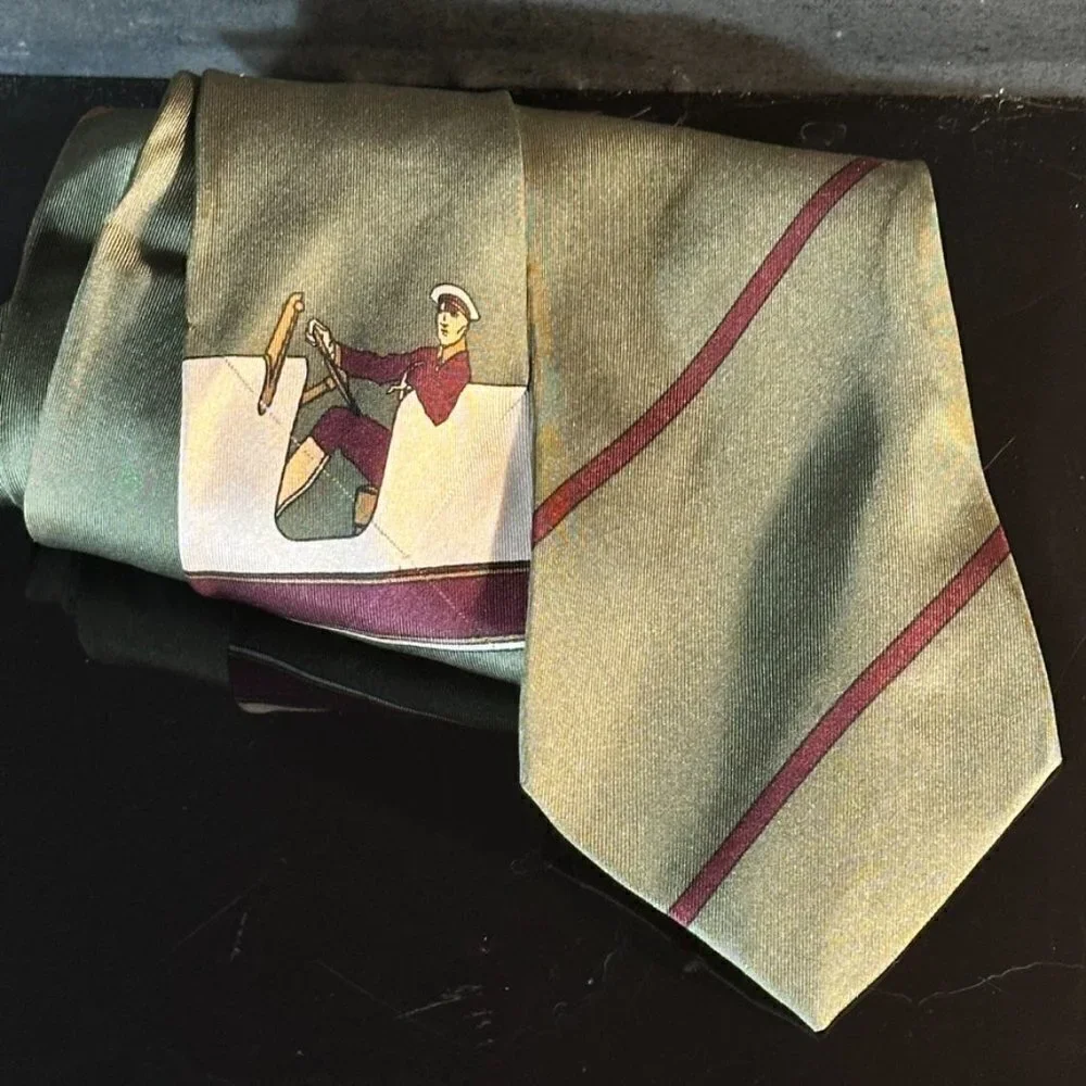 Claude Montana Silk Tie Retro Mid Century Modern Yacht Green Sailing Captain